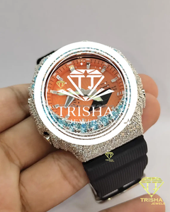 Reloj de Lujo con Diamantes Moissanite para Hombre, Plata de Ley 925, Esfera Naranja, Gema Azul, Estilo Hip Hop - Product Image 1