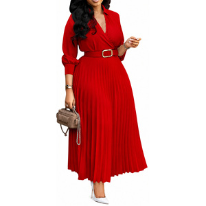 Abito elegante da <span class=keywords><strong>donna</strong></span> con maniche a 3/4, scollo a V, gonna lunga plissettata a trapezio con cintura in vita, adatto per cocktail e feste formali - Product Image 1