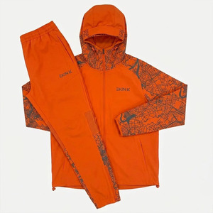 Ensemble de survêtement unisexe orange vif 2 pièces à capuche, léger, 100 % polyester, vêtements de sport athlétiques, veste et pantalon de jogging - Product Image 1
