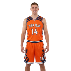 Ensemble de basketball pour hommes avec imprimé flamme sur le côté, maillot sans manches à col en V et short ample avec bandes sur les épaules, noms et numéros personnalisés - Product Image 1