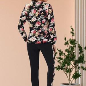 Ensemble deux pièces pour femmes en polyester et élasthanne, imprimé floral, haut à manches longues avec leggings à rayures latérales, vêtements décontractés pour toutes les saisons, tricoté - Product Image 2
