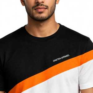 T-shirt à manches courtes pour homme en jersey 100% coton, color block, avec motif lettres, col rond anti-boulochage, noir, blanc, orange - Product Image 6
