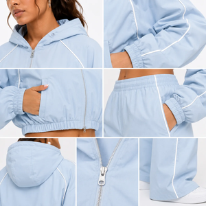 Vocksin <b>Women's</b> Ice Blue Cropped Hoodie Tracksuit Lightweight Zipper <b>Jacket</b> Wide Leg Pants Set 100% Cotton Printed - Product Image 3