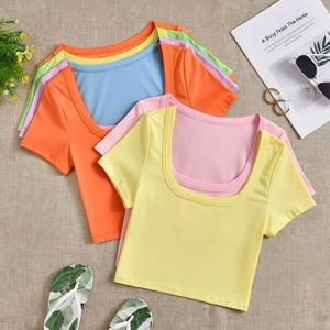 Camiseta Corta Informal para Mujer, Color Sólido, Vestido de Verano, Logotipo Personalizado, Camiseta Corta Informal Lisa para Mujer, Talla Grande - Product Image 1