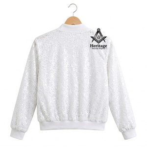 Heritage Masonic Regalia Women’s Flip White <b>Sequin</b> Varsity <b>Jacket</b> Embroidered Casual Spring Concert Wear Greek Apparel - Product Image 2