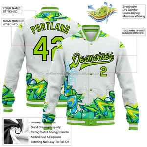 Blouson universitaire personnalisé avec nom et numéro, imprimé graffiti vert et blanc, pour homme, décontracté, col rabattu, impression par sublimation - Product Image 5
