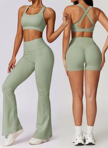 Conjunto de Yoga de 2 Piezas Color Rosa para Mujer, Tirantes Cruzados, Leggings Largos de Cintura Alta, Top Corto Sin Costuras - Product Image 3