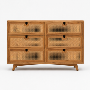 Teak Wood Rattan Dresser 6 Drawer Wooden <b>Storage</b> Cabinet Natural Cane Webbing <b>Sideboard</b> Solid Wood Bedroom Furniture Indonesia - Product Image 2