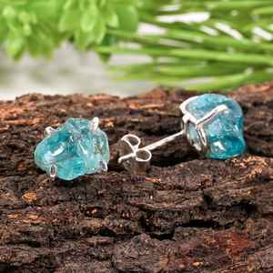 Handmade Raw <b>Blue</b> Apatite <b>Stud</b> <b>Earrings</b> Sterling Silver Healing Crystal Jewelry - Product Image 6