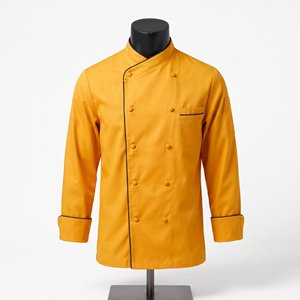 Veste de chef en sergé de coton polyester premium 240 GSM jaune moutarde avec passepoil noir, design à double boutonnage, logo personnalisé - Product Image 1