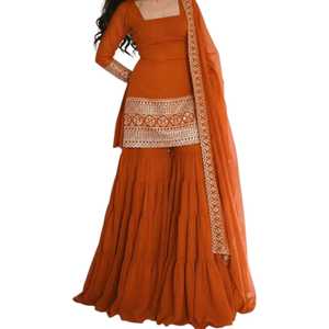 Ensemble Anarkali traditionnel brodé pour femmes, en coton marron, longueur au sol, coupe régulière, tenues indiennes et pakistanaises, vêtements de mariage - Product Image 4