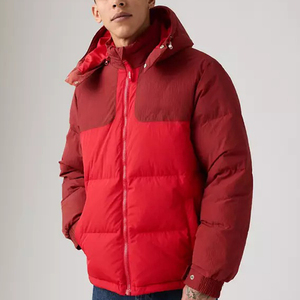 Blouson matelassé long à capuche pour homme, coupe-vent, décontracté, avec blocs de couleur unie, fermeture éclair, rembourrage standard en polyester, fini. - Product Image 1