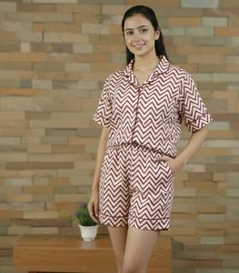 Conjunto de Shorts y Top de Manga Larga de Algodón Indio Tejido con Estampado Térmico, Estampado a Mano, Brillante, Suave y Liso para Mujer, Verano - Product Image 1