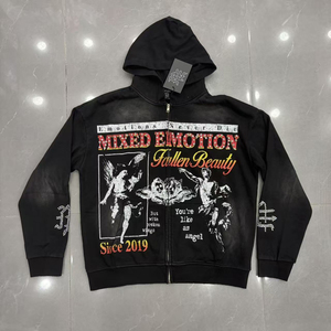 เสื้อฮู้ดซิป IBEX Mixed Emotion Streetwear สำหรับผู้ชาย ทรงโอเวอร์ไซส์ ผ้าฝ้าย พิมพ์ลายด้านหน้าและด้านหลัง พร้อมโลโก้ แฟชั่นฤดูใบไม้ร่วง - Product Image 2