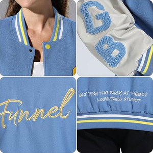 เสื้อแจ็คเก็ตเบสบอลแฟชั่นผู้หญิงแบบ Letterman Varsity ขายส่งจากผู้ผลิต คุณภาพสูง ปักโลโก้ พร้อมกระดุมแป๊ก - Product Image 5