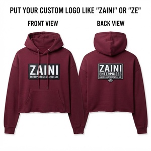 Women Crop <b>Top</b> Hoodie Premium Cotton Fleece 220 GSM <b>Maroon</b> Pullover Anti-Wrinkle Winter Casual Streetwear Sweatshirt Fit - Product Image 1