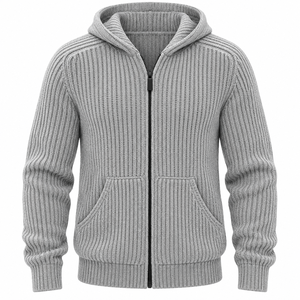 <b>Men's</b> Gray Knitted Hooded Zipper <b>Cardigan</b> Full Sleeve Solid Color Autumn Wear OEM Services Available - Product Image 1