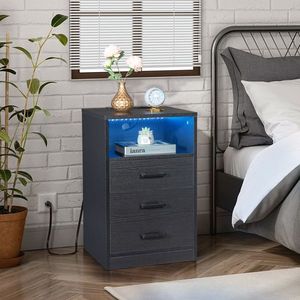 FCH 40*35*65cm <b>Black</b> <b>Bedside</b> <b>Table</b> with LED Light Triamine Three Drawers and Socket Particleboard Pasted Nightstands - Product Image 1