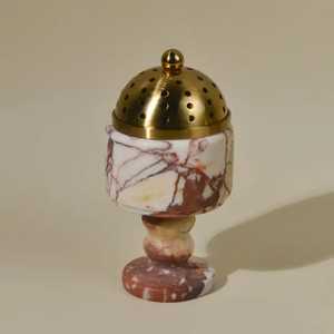 Marble Brass <b>Salt</b> Pepper <b>Shaker</b> Polished Stone Base Mixed Color Veining Dome Top Perforated Holes Spherical Knob Piece - Product Image 4