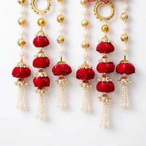 Hermosos pendientes colgantes florales de loto rojo con cadenas de perlas y cuentas doradas para bodas, fiestas, eventos festivos y moda étnica. - Product Image 3