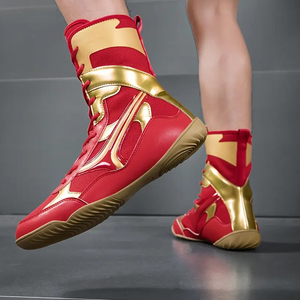 Red Gold High Top Boxing <b>Shoes</b> Lace-Up Breathable Leather Adults Martial Arts Training Kickboxing Gear - Product Image 2