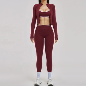Wholesale Womens 3 Piece Yoga Set Jacket Slim Fit <b>Vest</b> Cropped Pants Sportswear Fitness Outfits Spandex Polyester Sports Wear - Product Image 4