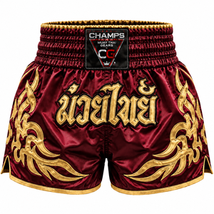 Shorts de combat traditionnels en satin de Muay Thai avec des graphismes brodés de style thaïlandais - Product Image 3