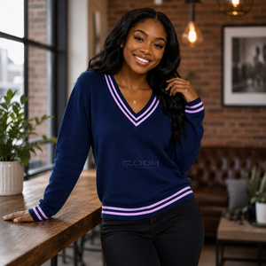 Cosh International Acrylic Sisterhood Sorority <b>Cardigan</b> Winter Sweater <b>Navy</b> Blue V-Neck Knitted <b>Cardigan</b> with Pink Trim - Product Image 4