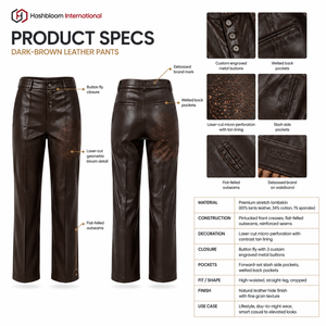 Pantalones Casuales de Mujer, Diseño Personalizado OEM, Tela de PU Elástica, Cintura Alta, Cierre de Cremallera, Pierna Recta, Largos, Color Marrón Espresso - Product Image 5