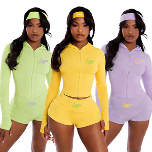2026 Custom logo Women's <b>Sets</b> <b>Crop</b> <b>Top</b> Jacket & Shorts <b>Set</b> 2 Piece <b>Sets</b> Women's Spring Summer Lounge wear outdoor Outfits - Product Image 1