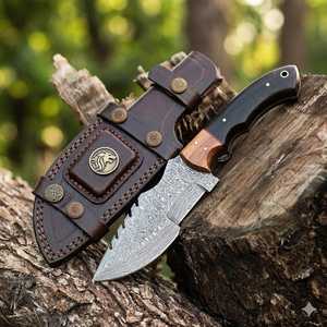 Couteau utilitaire en acier Damas, lame à pointe traînante, manche en bois, étui en cuir de vachette, longueur totale 6,7 pouces, qualité DIY, pointe tranchante, garantie 3 ans - Product Image 4