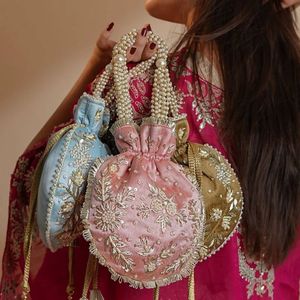 Handcrafted <b>Pink</b> Silk Potli Bag Golden Horse Embroidery Handle Women Wedding Drawstring <b>Purse</b> Ethnic Party Handbag Wholesale - Product Image 5