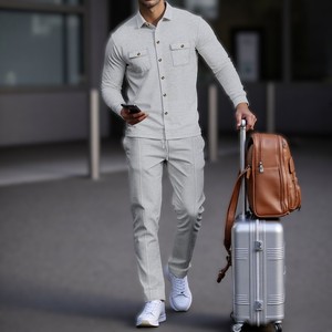 Conjunto de dos piezas casual para hombre: Chaqueta de trabajo de punto gofrado sintético OEM y pantalones con cuello, estilo transfronterizo. - Product Image 2