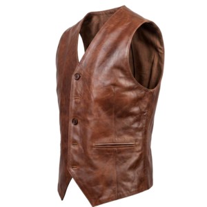Veste en cuir véritable marron pour homme, col en V, simple boutonnage, coupe ajustée, veste formelle - Product Image 1