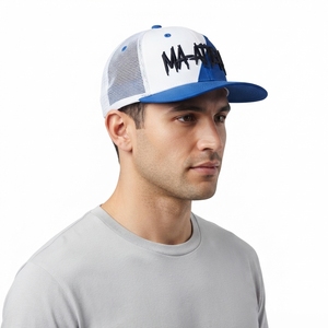Men's <b>White</b> Blue Trucker Cap Custom Embroidered Logo Mesh Back Baseball <b>Hat</b> Adjustable Two Tone Streetwear - Product Image 2