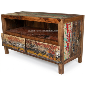 Mueble para TV DIVADI de Madera de Barco Reciclada, Sostenible, con 2 Cajones, Madera Sólida, Moderno, Unidad de Entretenimiento de Madera Reciclada, Soporte para Dispositivos Multimedia - Product Image 3