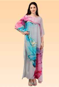 Robe kaftan courte pour femme – Bleu pastel avec imprimé floral abstrait coloré, coupe ample, style tunique. - Product Image 3
