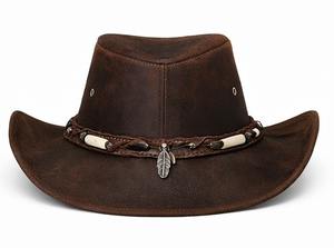 Sombrero de Vaquero Clásico de Cuero Marrón Vintage con Banda Trenzada y Adorno de Pluma para Vaqueros y Vaqueras - Product Image 4