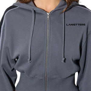 Custom Womens <b>Cropped</b> Full <b>Zip</b> Hoodie Two Tone Fleece Sweatshirt with Contrast Sleeve Panels Exposed Seams and Wide Ribbed Waist - Product Image 3
