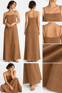 Robe longue beige en lin et coton pour femme, bretelles spaghetti, coupe trapèze, tissée, ample, pour les vacances et tenue décontractée - Product Image 6