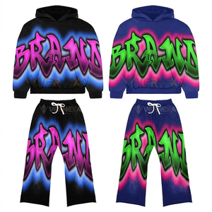 Unisex <b>Top</b> Selling Tracksuit Breathable 100% Cotton Baggy Sun Fade Oem Patch <b>Distressed</b> Embroidery Sweatsuit Streetwear 2pcs Set - Product Image 4