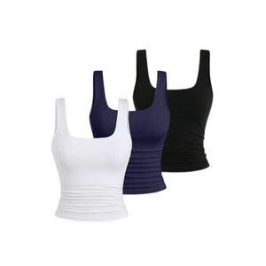 Women's <b>Black</b> Ruched Knitted <b>Tank</b> <b>Top</b> Scoop Neck Minimalist Solid Color Regular Length Cotton/Bamboo Fiber Garment Dyed Quick - Product Image 5