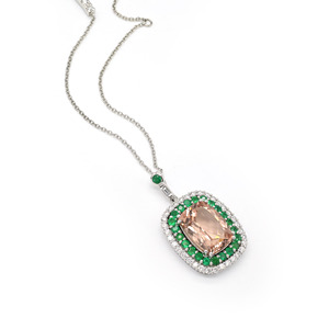 14K Solid White Gold 16X12MM Morganite <b>Pendant</b> Diamond Halo & <b>Emerald</b> Gemstone <b>Pendant</b> Wedding Jewelry Manufacturer from India - Product Image 1