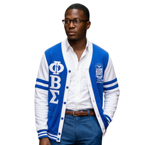 Cárdigan Ligero de Forro Polar Phi Beta Sigma, Azul Rey y Blanco, con Botones y Letras Griegas, Ropa de Fraternidad, Corte Elegante - Product Image 1