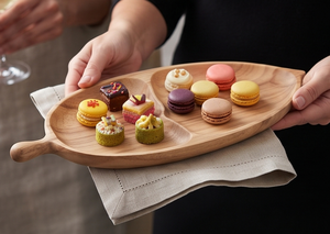 Assiette de service en bois en forme de feuille, design minimaliste fait main, motif végétal, pour la maison, les restaurants et les événements - Product Image 4