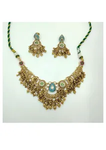 Conjunto de Collar de Novia Tradicional Plateado con Piedra Azul en Forma de Lágrima y Acentos Verdes, Pendientes Largos Colgantes, Joyería Tradicional - Product Image 2