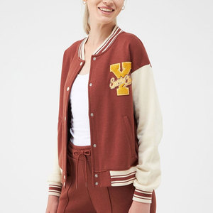 Chaqueta Bomber Varsity de Algodón Tejido con Cuello Alto para Mujer, Estilo Universitario Vintage, Elegante y Asequible, Retro - Product Image 1