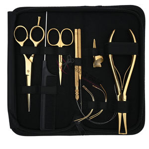 Kit de herramientas para extensiones de cabello con microanillos y nanoanillos dorados al por mayor, con alicate removedor de cuentas, gancho para enhebrar y tijeras de corte para salón. - Product Image 1