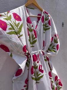 Women's Floral Print 100% Cotton Maxi <b>Kaftan</b> Dress V Neck Batwing Sleeve Drawstring <b>Beach</b> Cover Resort Wear Boho Summer - Product Image 5