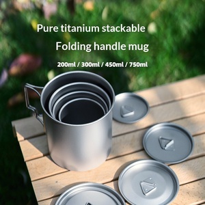 Mug en titane pur avec couvercle, pliable pour l'extérieur, avec poignée, monocouche, résistant à la chaleur, ensemble de voyage portable, tasse à eau de camping - Product Image 3